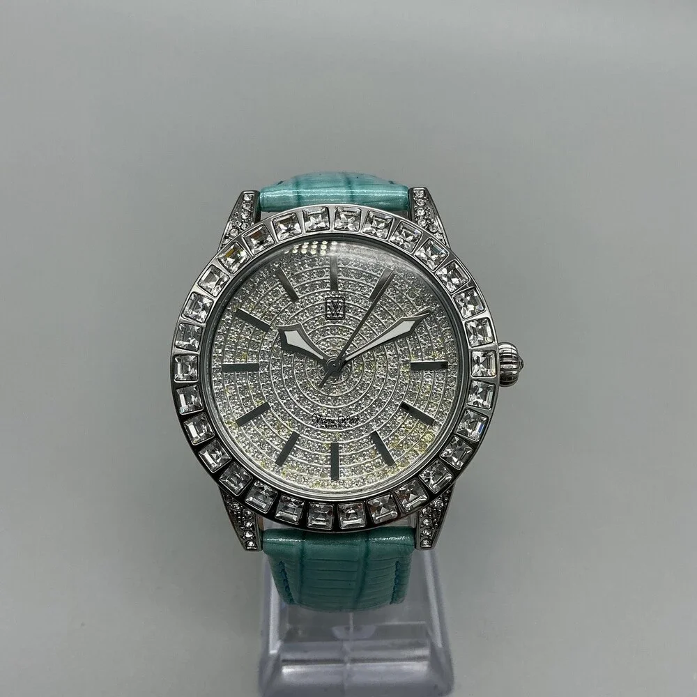 Victoria Wieck Womens Watch 42mm Silver Tone Aqua Leather Crystals New Battery